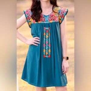 Savannah Jane Embroidered Boho Shift Dress w-Multicolor Floral spring Easter
